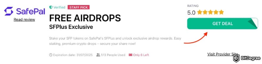 SafePal discount code: a red arrow pointing to the [GET DEAL] button on BitDegree's page.