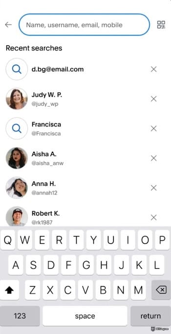 Safest way to send money: A screenshot of PayPal's mobile app, showing a list of contacts and past search queries.