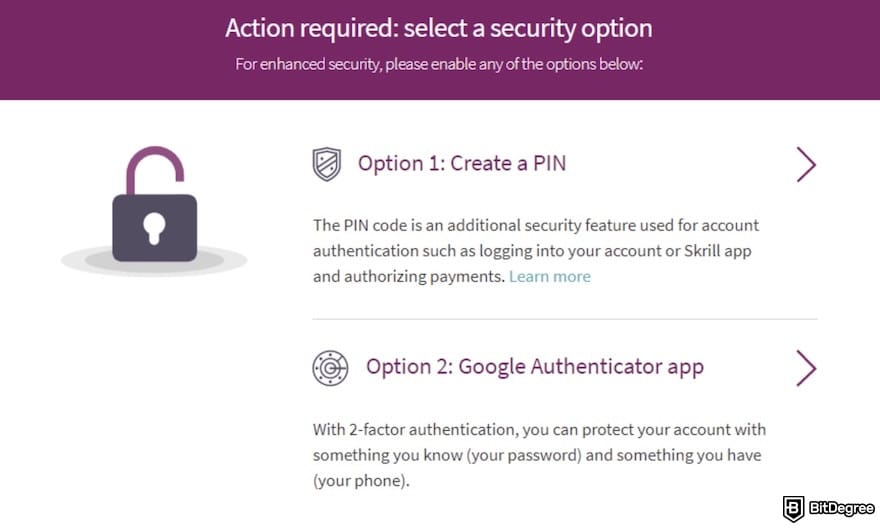 Safest way to send money: Skrill's 2FA settings.