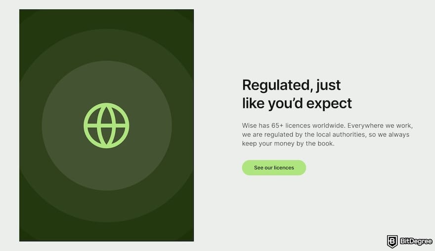 Safest way to send money: Wise's website banner mentioning it has 65+ licenses worldwide.