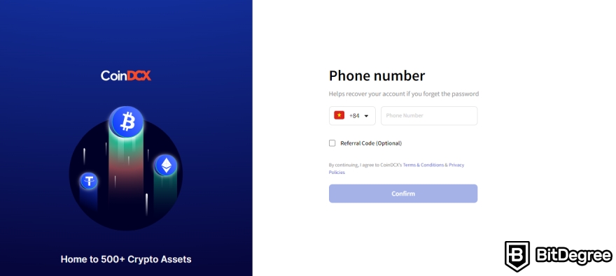 Sàn CoinDCX là gì: Nhập số điện thoại.