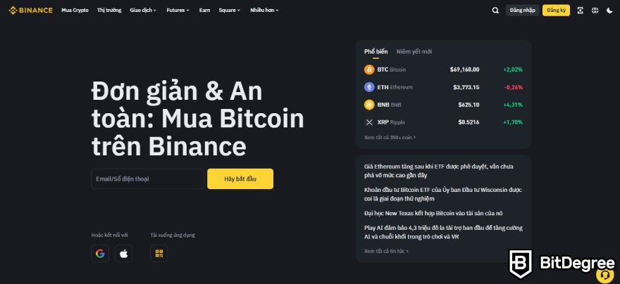 Sàn giao dịch tiền điện tử tại Việt Nam: Trang chủ Binance.