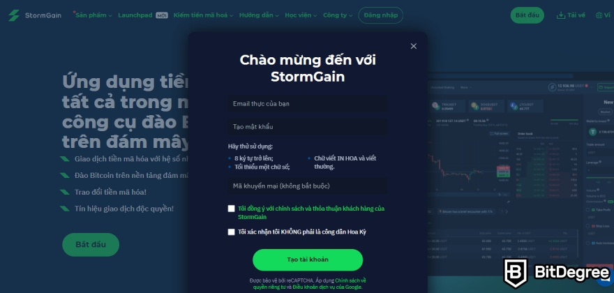 Sàn StormGain là gì: Tạo tài khoản.