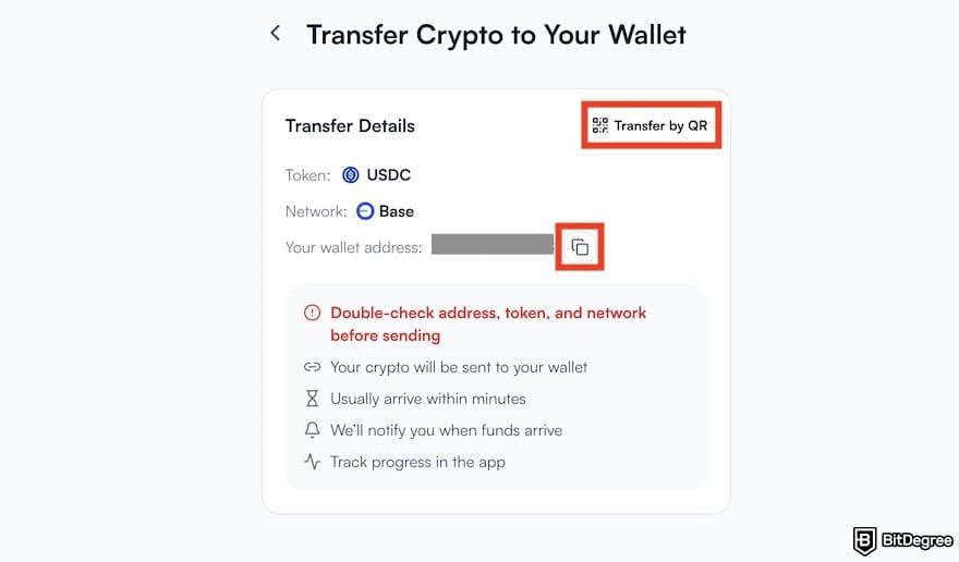 How to withdraw money from Fiverr: crypto transfer page on Ogvio, with QR code and copy icons outlined.