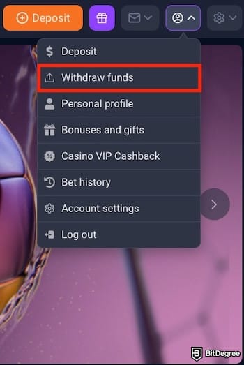 1xBit review: the [Withdraw funds] menu on 1xBit outlined.
