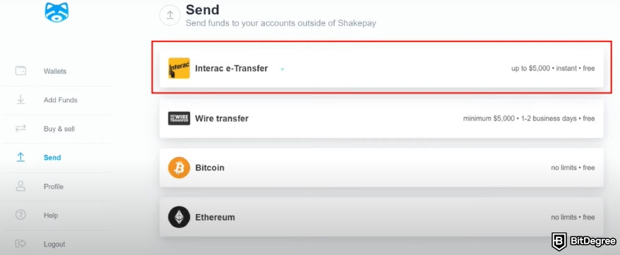 Shakepay review: Interact e-Transfer.