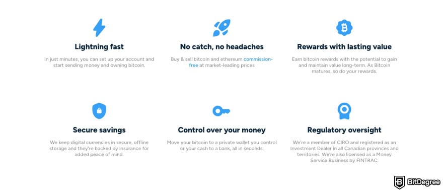 Resumo da avaliação do Shakepay: Benefícios do Shakepay.