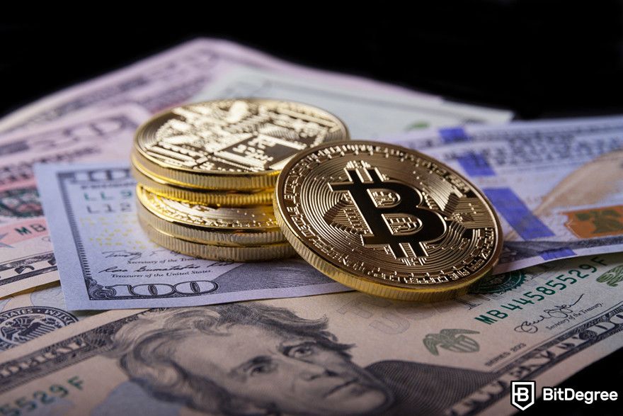 Should I buy Bitcoin: Stack of Bitcoin coins on US hundred dollar bills.
