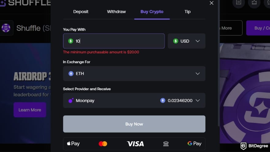 Shuffle casino review: minimum purchasable amount.