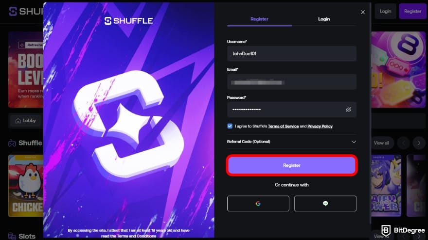Shuffle casino review: enter username, email, and password.