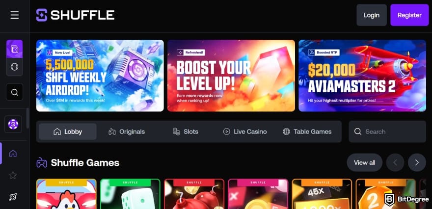 Shuffle casino review: the homepage of the platform looks organized.