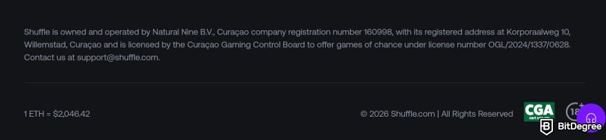 Shuffle casino review: website footer displaying licensing information, company details, contact email, and certification.