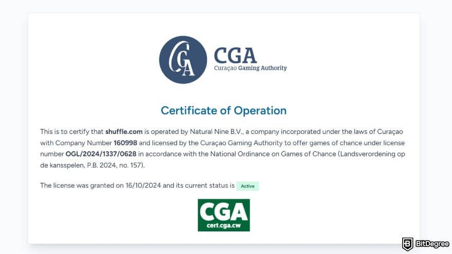 Shuffle casino review: CGA certificate of operation.