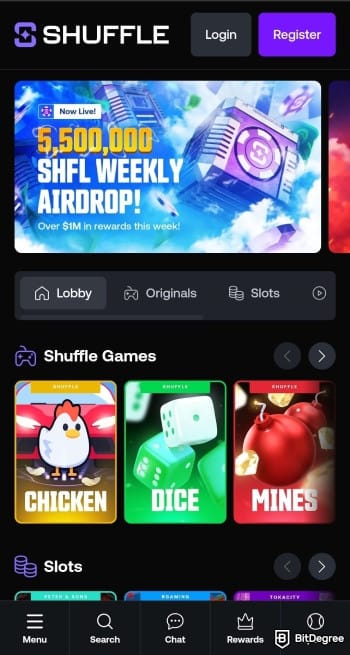 Shuffle casino review: mobile interface.