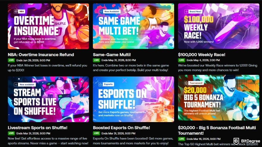 Shuffle casino review: promotions page showing various offers.