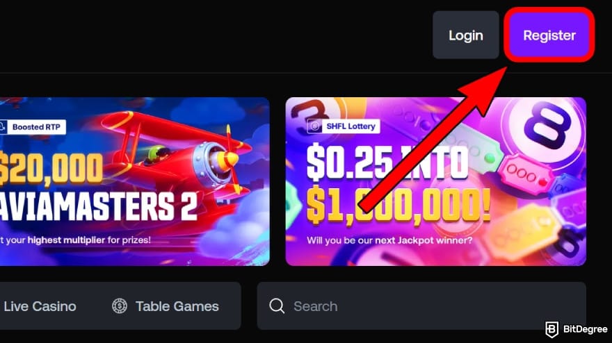 Shuffle casino review: select the [Register] button.