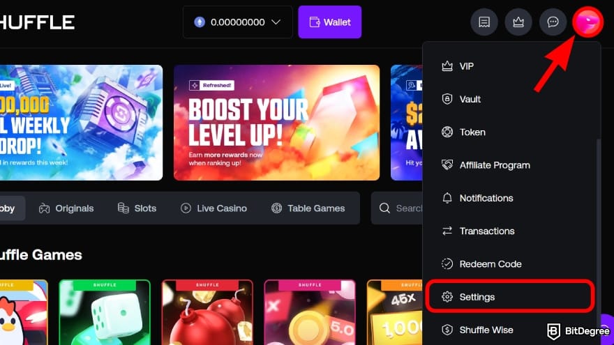Shuffle casino review: go to your profile and click on [Settings].