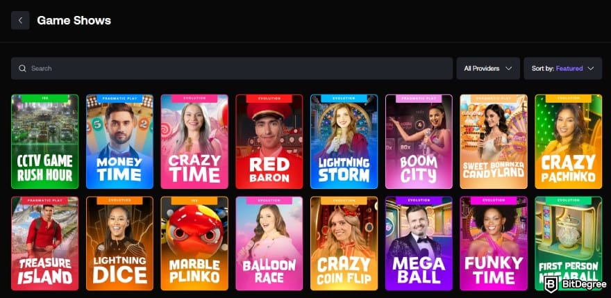 Shuffle casino review: the platform's game show collections.