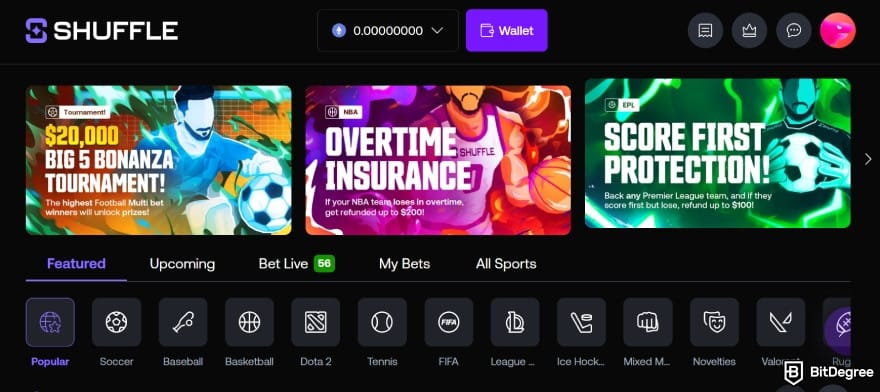 Shuffle casino review: sport section on the platform.