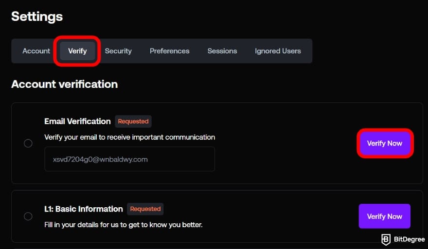 Shuffle casino review: open the Verify tab and click on [Verify Now].