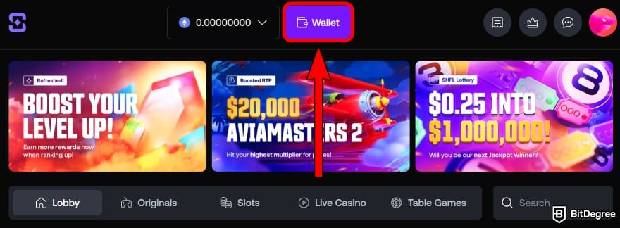 Shuffle casino review: click on the [Wallet] button.