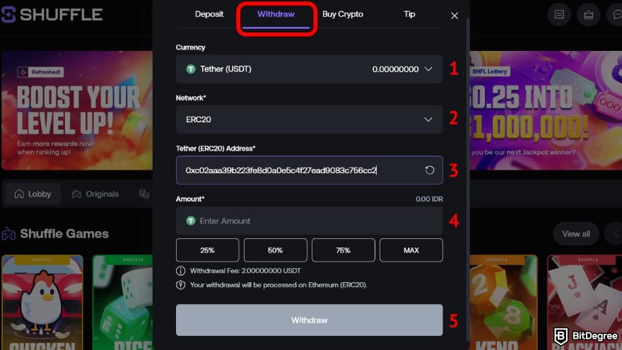 Shuffle casino review: enter the withdrawal information.