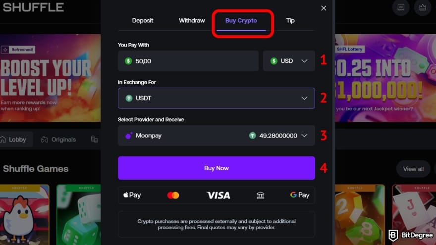 Shuffle casino review: enter the details and proceed with the transactions.
