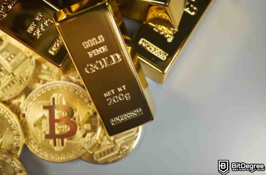 Significado de Estanflación: Barras de oro cerca de monedas Bitcoin.