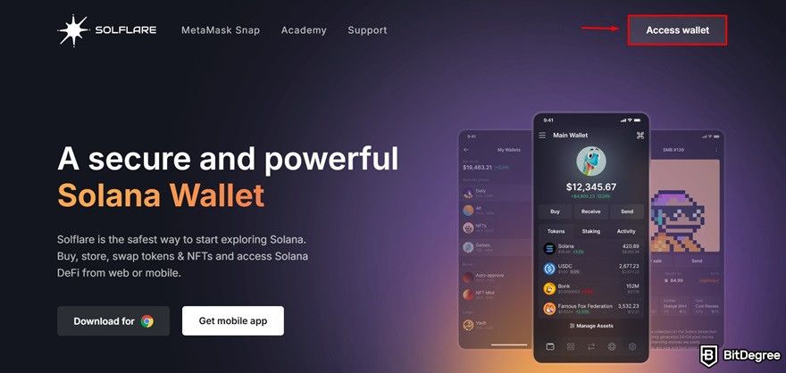 Solflare wallet: accessing wallet via the homepage.