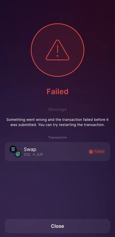 Solflare review: failed transaction.