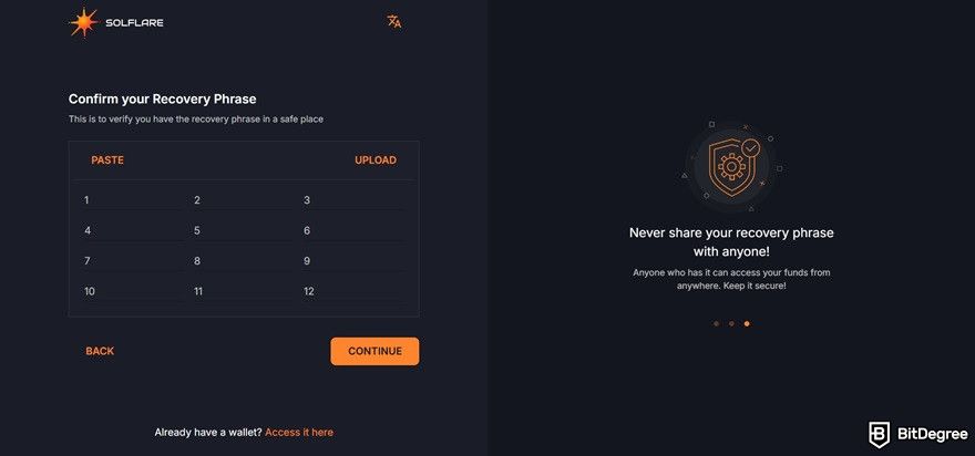 Solflare review: pasting the recovery phrase.