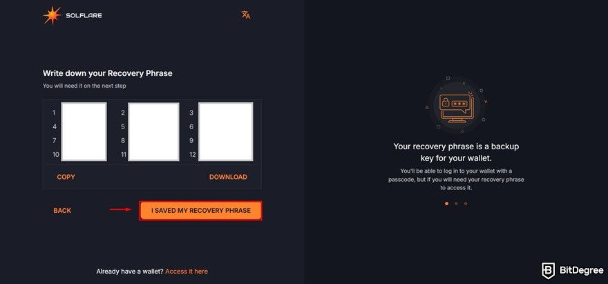 Solflare review: saving recovery phrase.