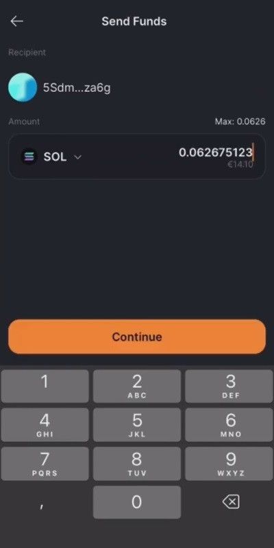 Solflare review: specifying amount to send to another wallet or exchange.