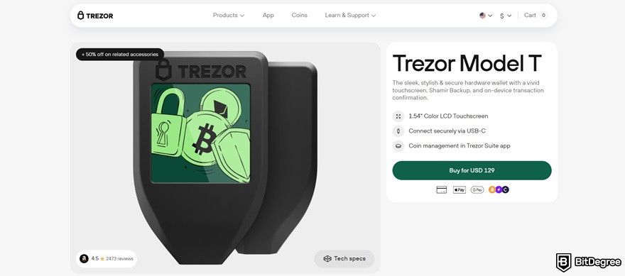 Solflare review: Trezor Model T homepage.