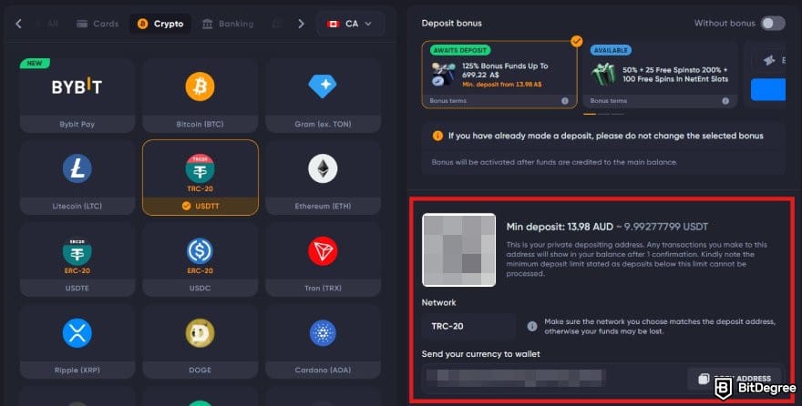 Spinarium casino review: Spinarium Casino's deposit address.