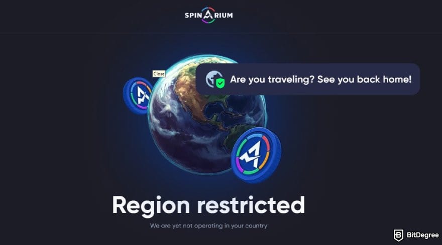 Spinarium casino review: region restriction message on Spinarium.