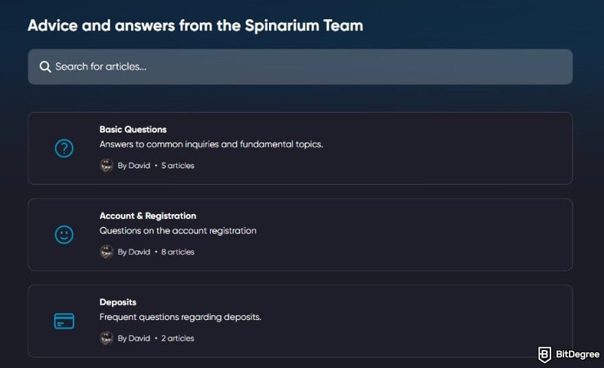 Spinarium casino review: Spinarium Casino's help center page.