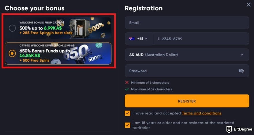 Spinarium casino review: Spinarium Casino's registration pop up window.