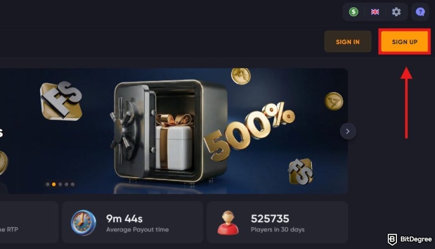 Spinarium casino review: Spinarium Casino's sign up button.