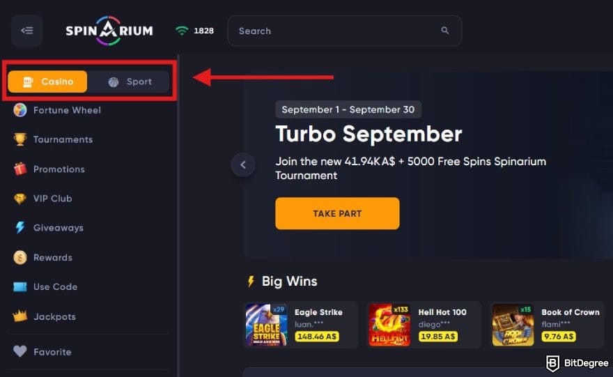 Spinarium casino review: the Sport tab on Spinarium Casino.