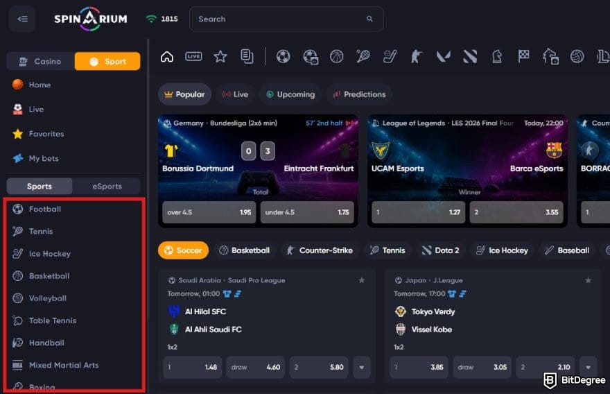 Spinarium casino review: the Sports events menu on Spinarium Casino.