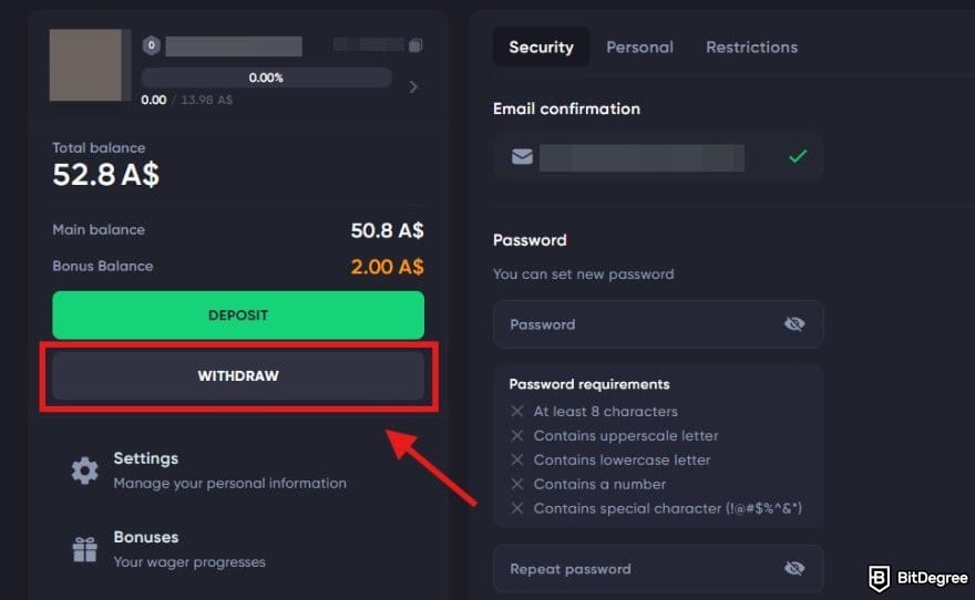 Spinarium casino review: the withdraw menu on Spinarium Casino.