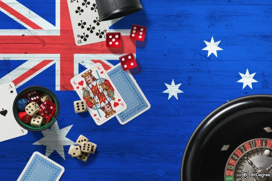 Stake casino review: cards, die, and a roullete on an Australia flag background.