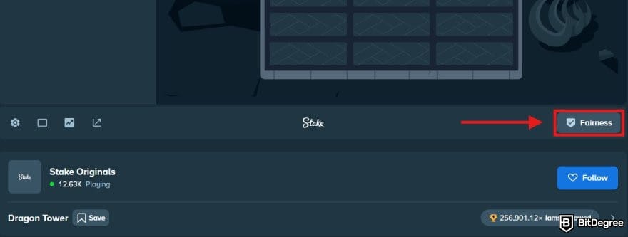 Stake casino review: the Fairness button on Stake original game.