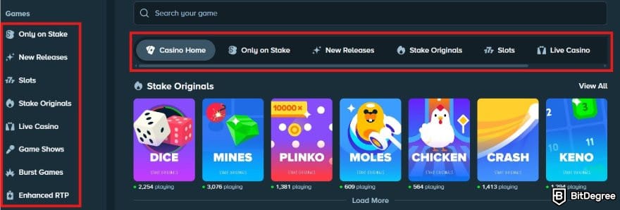 Stake casino review: game categories on Stake.com.