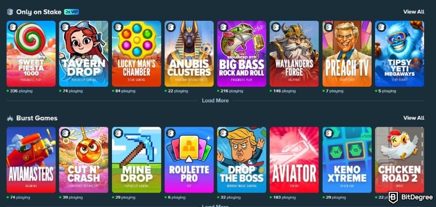 Stake casino review: some games on Stake.com's homepage.