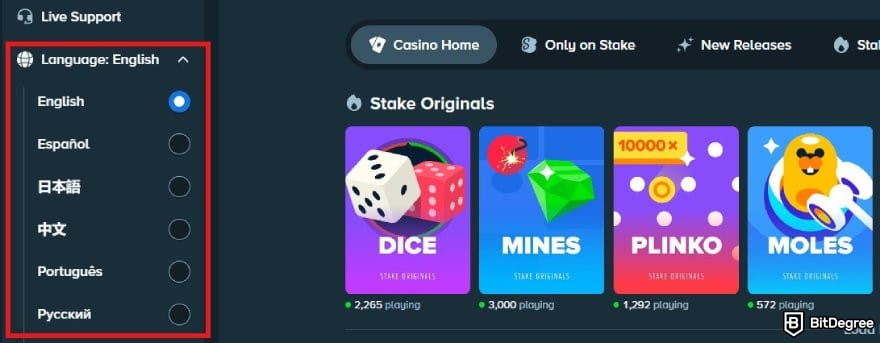 Stake casino review: the language options on Stake.com.