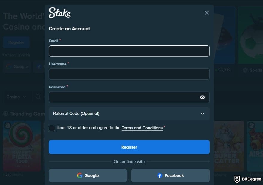 Stake casino review: the sign up form on Stake.com.