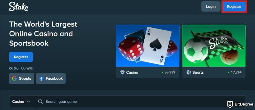 Stake casino review: Stake.com's homepage with the Register button highlighted.