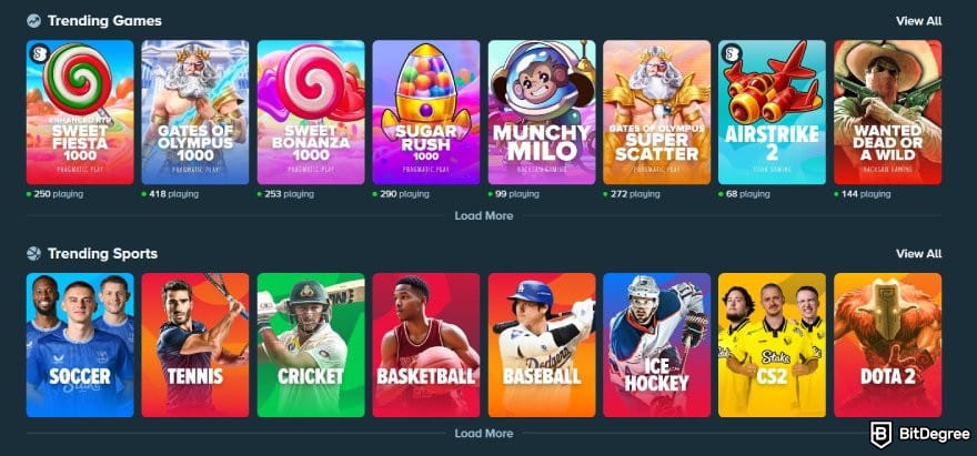 Stake casino review: trending games on Stake.com's homepage.